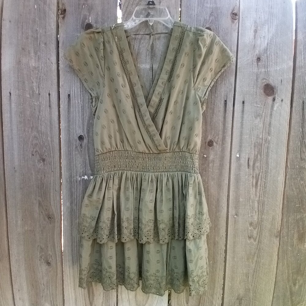Vintage American Eagle Green Faux Wrap Dress M Pullon Cap Sleeves Smocked Waist